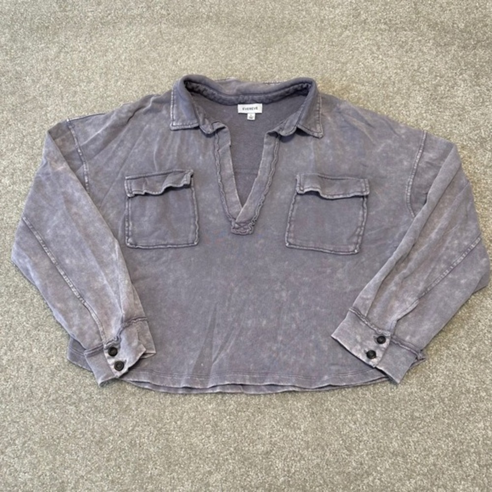 Evereve Womens‎ Purple stone Wash Pullover Collared Shirt Cropped Size L